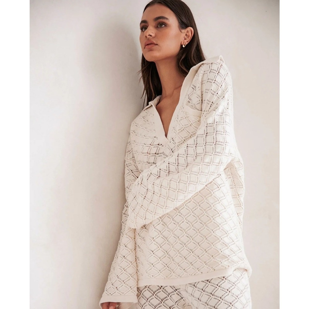 Sabo Skirt Crochet Knit Oversized Sweater Ivory Cream Cotton V-Neck collared XS